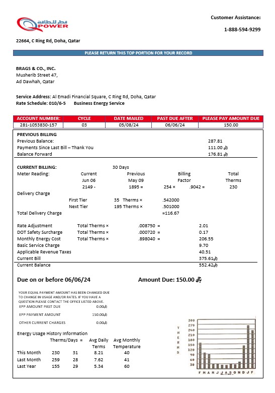 Qatar Power Company electricity business utility bill template in Word and PDF formats